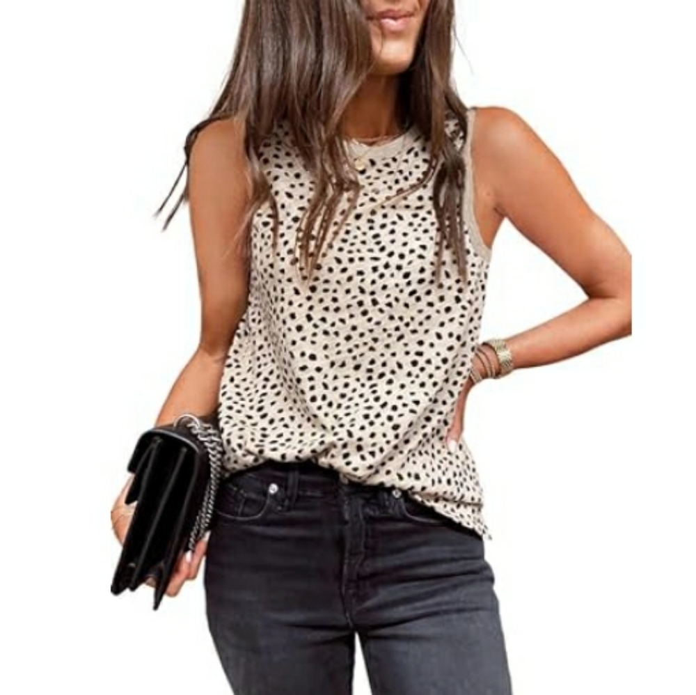 Womens Leopard Print Tank Tops Crewneck Sleeveless Casual T-Shirts Tan